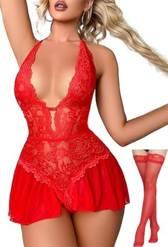 Rayson Ensemble Lingerie AVCE Bas Femme Dentelle Babydoll Robe Nuit Décolleté en V Dos Nu One-Piece Nuisette sous Vêtements(Rouge)