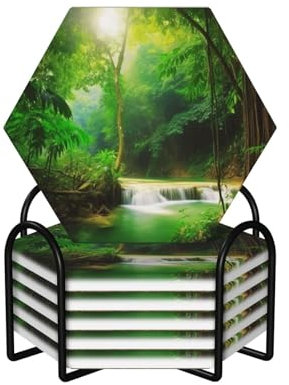 EVANEM Untersetzer für Getränke Keramik Untersetzer Set von 6 Getränkeuntersetzer mit Metallhalter Natürliche Landschaft Tasse Untersetzer Kork Rückseite Stein Untersetzer für Hochzeit Home Decor