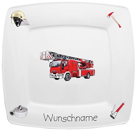 Doriantrade Speiseteller eckig 26cm Kinderteller Teller Porzellan Feuerwehr personalisierbar mit Wunschname Name Kindergeschirr mit Namen personalisiert