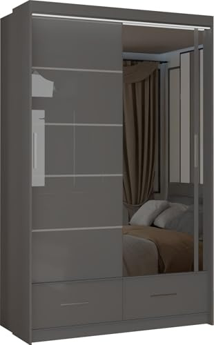 MN Furniture Derry High Gloss & Mirror Sliding Doors Wardrobe with Long Led Light and Bottom Drawers (Grey, 150cm)