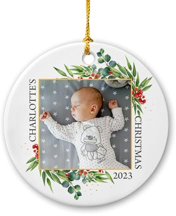 Christbaumschmuck Keramik Weihnachtsanhänger Anhänger Weihnachtsbaumschmuck Hängende Ornamente Weihnachtsdeko Personalisiertes Foto, Babys Erstes Jahr 2023, Bildtext Hinzufügen, Babys 1. Geschenke