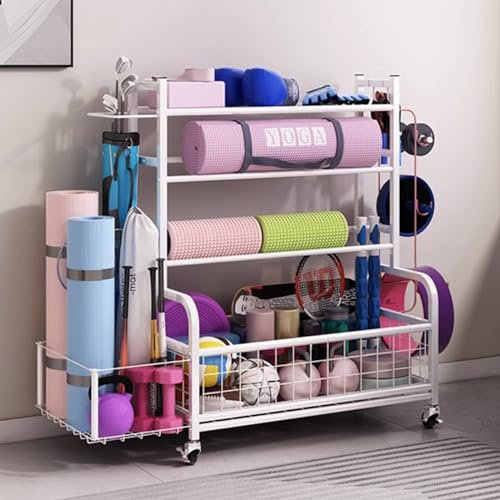 ToeWoe 4-Tiers Yoga-Matte Lagerung Rack auf Rädern Home Gym Equipment Regal Utility Cart Wagon mit Ballkäfig Gewichtstrainingshalter für Fitnessgeräte