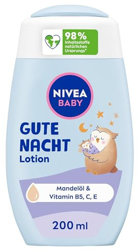 NIVEA Baby Gute Nacht Lotion, Bodylotion pflegt zarte Babyhaut mit Mandelöl, Vitamin E, C und B5, vegane Babylotion mit hypoallergener Formel ohne Parabene und Mikroplastik (200 ml)