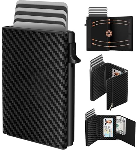 dwnkove Mens Wallet Credit Card Holder, Minimalist Wallets for Men, Aluminum Pop up Wallet, RFID Blocking, Premium Leather, Smart, Slim, Coin Pocket | 9-14 Card Capacity | ID Window | Cash Slot