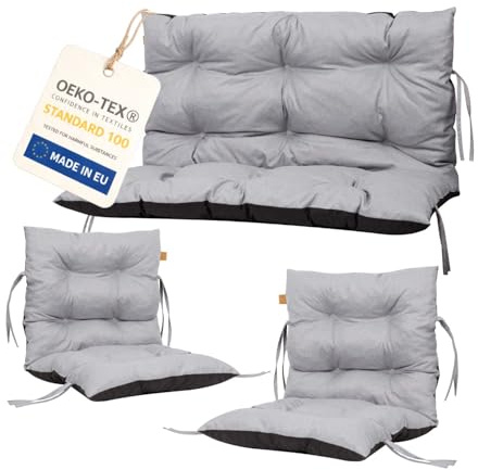 Bielik Gartenkissen Set 3-teilig, Gartenmöbel Polster Set für Rattanmöbel, Bankauflage + 2 Stuhlkissen, Sitzpolster Gartensofa und Gartenstuhl, wasserabweisend Outdoor (hellgrau)