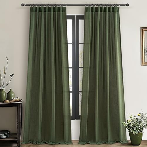 Loden Linen Extra Long Light Filtering Curtains 108 Inches Long for Sliding Glass Doors, Farmhouse Pleated Ceiling Track Sheer Large Window 9 FT Tall Privacy Drapes 2 Panels Dark Olive Green Forest