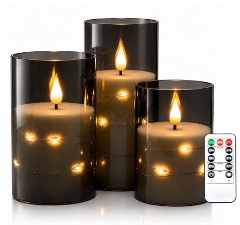 Kiexung LED Kerze, LED Kerze mit eingebauter Lichterkette, batteriebetriebene Kerze, Plexiglaskerze mit Fernbedienung Timer, festliche flammenlose Kerze, Wohnkultur, 3-teiliges Set (grau)