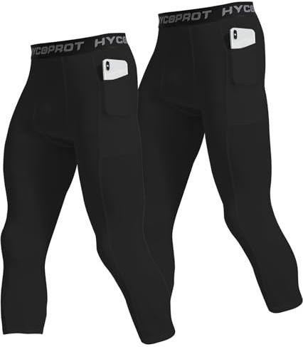 HYCOPROT Lot de 2 Homme 3/4 Pantalon de Compression avec Poches Séchage Rapide Leggings de Sport Pantalon de Base Layer Collant pour Basketball Fitness Jogging (Black, XL)