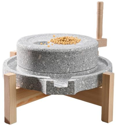 Hand Stone Grinder, Natural Bluestone Handmade Stone Mill with Wooden Stand, Household Grain Grinder, Small Spice Pulverizer, Manual Wet/Dry Grain Mill for Barley, Spice, Rice, Sesame(9.8x13.8inch)