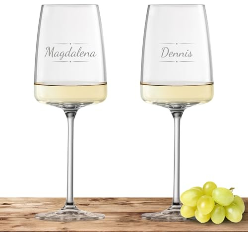 2x Zwiesel Glas Weißweinglas 363ml mit Namen oder Wunschtext graviert - Vivid Senses - Weingläser als personalisiertes Geschenk für Paare, Eltern oder zur Hochzeit - Motiv (Verzierung 03)