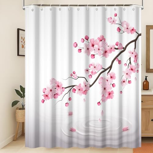 Xiaoterna Cortina de Baño Flor de Cerezo 3D Sakura Japonés Rama de Cerezo Cortina de Baño Flores en Flor Cultura Clásica Japonesa Río Ripple Cortinas de Baño Blancas Rama de Flor 180x200cm