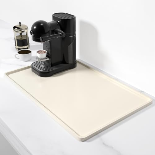 Rnivvi Silicone Coffee Mat, 12 x 19 Waterproof Raised Edge Coffee Bar Mats for Espresso Machine Station Accessories, Heat Resistant Dish Drying Pad for Kitchen Counter, Rubber Bar Decor Pad, Beige