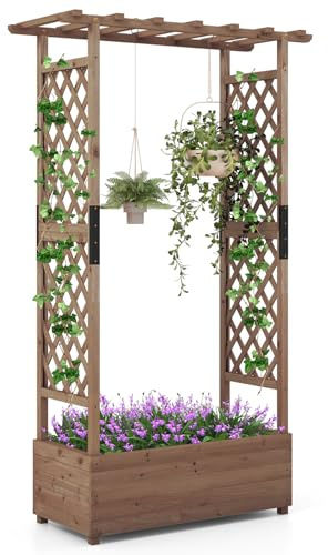 TANGZON Raised Garden Bed with Arch Trellis, Freestanding Ground Garden Planter Box, Outdoor Vertical Trough Planter Container for Vine Climbing Plant Flower Herb (Coffee, 110 x 44 x 180 cm)