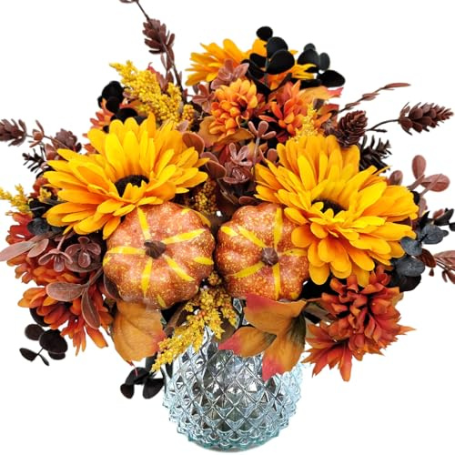 FOUSUKA Künstlicher Herbstblumenstrauß, 2 Packungen, künstliche Mütter, Kürbis-Blumenarrangements, Dekoration für Zuhause, Hochzeit, Blumensträuße, Küche, Tischvase, Tafelaufsätze, Halloween, Party