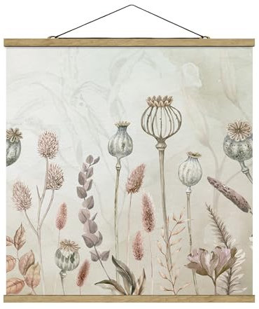 micasia Stoffbild Blumen Floral Wandbehang inkl. Holzfurnier & Kordel Wanddeko - Made in Germany - Blumenwiese Aquarell beige Wohnzimmer Schlafzimmer Bild 9253 (50x50cm)