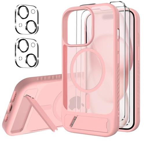 jrester Cover Magnetica per iPhone 15 con Supporto Integrato -con 2 vetri temperati e 2 vetri per fotocamera, Translucent Slim Back PC+TPU Bumper Shockproof- Rosa Opaca