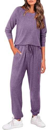 Magritta Lounge Wear Sets for Women UK Two Piece Outfits Casual Ladies Pjs Plain Tracksuit Plus Size Co Ord Set Off Shoulder Long Sleeve Tops and Joggers with Pocket Fashion Clothes Purple Large