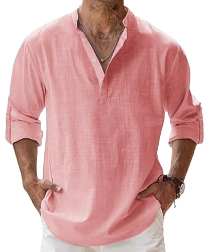MARSVOVO Summer Men's Shirts Long Sleeve Stand-up Collar Lightweight Comfy Tees Solid Color Loose Casual Cotton Blend Blouses Vacation Travel Business Work Trendy Clothes Peach Pink,M