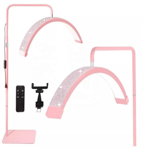 Lampada Da Terra Per L'estensione Delle Ciglia, Luce Di Bellezza Mezzaluna LED Per Ciglia,Per Massaggi E Relax, Dimmerabile 3200K-5600K Con Altezza Regolabile Con Supporto Per Telefono rosa glitter