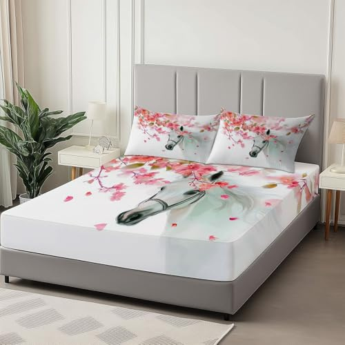 lenzuolo con angoli stampati 180 x 200 cm Letto Matrimoniale -Cavallo Di Ciliegio In Stile Cinese Lenzuola Sotto con Angoli in Microfibra, per Materasso Alto 30cm, 2 Federe Cuscino Letto, Bianco
