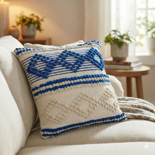 TreeWool Bohemia Funda de Cojín Decorativa de Algodón con Diseño de Rombos, para Sofá y Salón (45 x 45 cm, Azul, Paquete de 1)