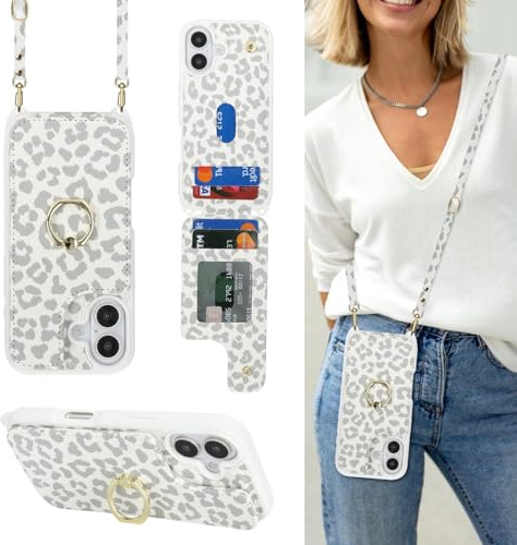 CAVOR Handyhülle kompatibel mit iPhone 17 Hülle Mit Band,Flip Leder Geldbörse Karten Hülle,[4 Kartenfach][Ring Ständer],Kartenhalter Handyhülle mit Umhängeband - Weiß Leopard