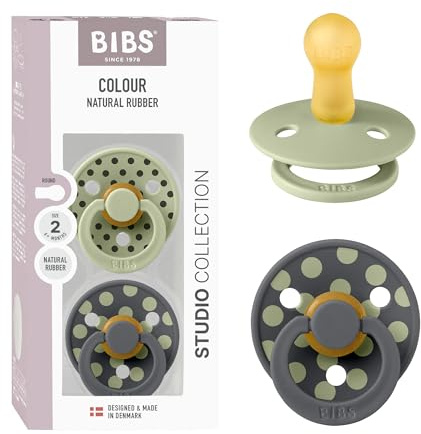 BIBS Polka Dots Schnuller 2er-Pack, BPA-frei, Kirschform Nippel. Naturkautschuk/Latex, Hergestellt in Dänemark, Größe 2 (6-18 Monate), Sage/Iron