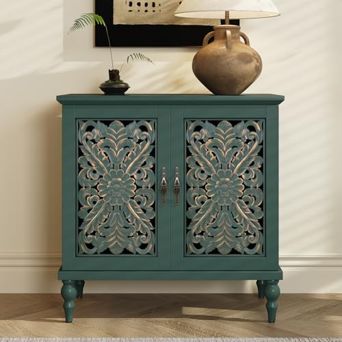 HOLTICO Sideboard Storage Cabinet with 2 Doors, Vintage Hollow Floral Carving Accent Cabinet, Green Wooden Buffet Storage Sideboards for Living Room, Dining Room, Hallway