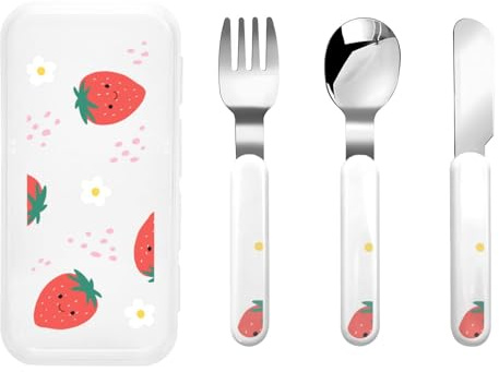 Strawberry Little White Flower Three-Piece Set of Children's Cutlery-Safe and Durable Plastic Pp+430 Stainless Steel, Suitable for Kindergartens, Picnics, Birthday Parties and Other Scenes.