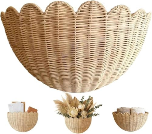 Scalloped Wicker Wall Basket, Rustic Wall Hanging Woven Basket,Handwoven Wall Baskets, Rattan Wicker Basket Organizer,Boho Wall Basket Decor,14.17x5.71x7.87 Inch