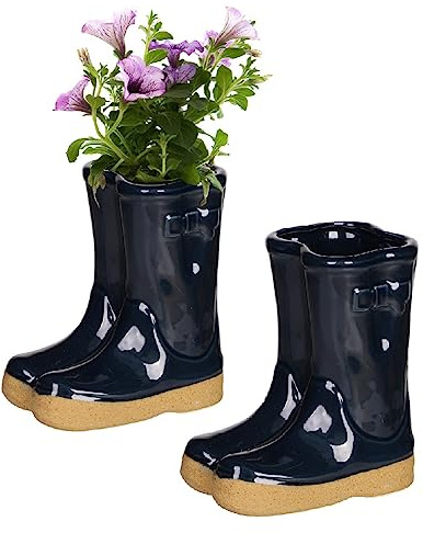 Set of 2 Dark Blue Ceramic Wellington Boot Plant Pot Flower Planters (CR10) | Ceramic, Wellington Boot Planter, Plant Pot, Flower Pot, Planter, Drainage Hole, Removable Stopper