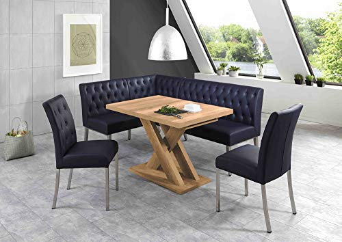 Beauty.Scouts Eckbankgruppe Oak 4-teilig Tisch Honigeiche Dekor 120-158,5x80x75cm 2xStühle Eckbank 200x140x83cm VAR. aufbaubar Lederimitat dunkelblau Essecke