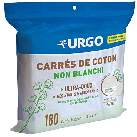 Urgo - Carrés de coton - Ultra-doux Absorbants - Coton de qualité certifiée OEKO-TEX® Non Blanchi - 180 unités