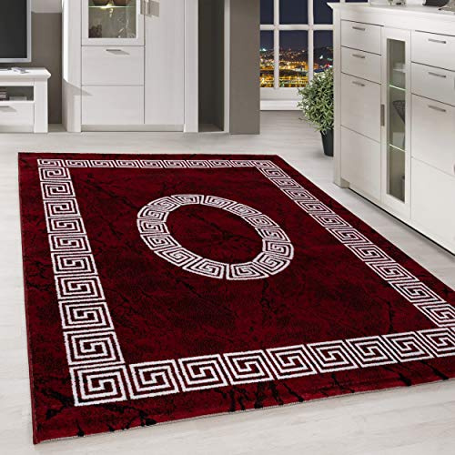 HomebyHome Teppich 120x170 cm Rot Kurzflor Mäander Bordüre Design Moderner Teppich für Wohnzimmer Schlafzimmer Flur Küche Esszimmer Kinderzimmer Pflegeleicht Weich