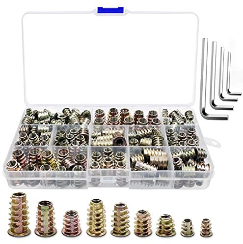 Insert Fileté Bois Vis en Alliage de Zinc M4 M5 M6 M8 Insert Fileté Écrou De Vis à Six Pans Creux,4 Clés Allen, pour Les Meubles En Bois (150 pièces)