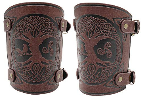 HiiFeuer Viking Yggdrasil World Tree Geprägte PU-Leder Armschienen, Mittelalterliche Schnalle Armschützer für LARP Halloween (Braun)