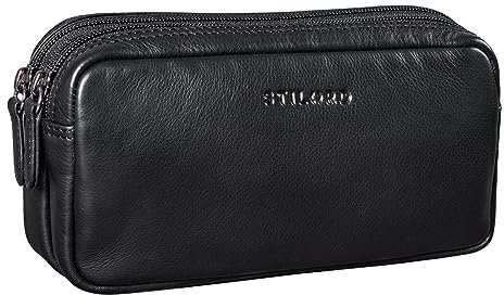 STILORD 'Eddie' Leder Federmäppchen Stifteetui Groß Stiftemappe mit 2 Reißverschluss Fächern Schlamper-Mäppchen Vintage Federmappe Etui Kosmetiktasche Echtleder, Farbe:schwarz