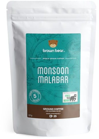 Indian Monsoon Malabar Strong Aged Ground Coffee 227g - For French Press Cafetiere Filter Drip V60 Aeropress - Brown Bear India Coffee - Dark Roast - Strength 5 - Donation to Free The Bears