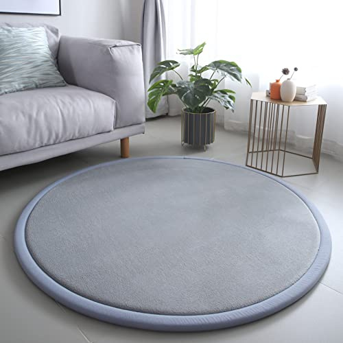 Loartee korallenrote Samtmatte Teppich Rund, als Krabbeldecke fürs Kind,2,5cm Dicker Kinderteppich,Silber grau,100cm