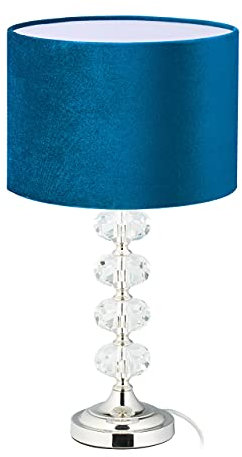 relaxdays Lampe de chevet, velours et cristal, HxD : 47 x 26 cm, douille E14, table, éclairage indirect, chambre, bleu