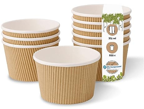BIOZOYG Einweg Bio Suppenbecher To Go Suppen Einweggeschirr I Riffelbecher Kraft-Karton-Becher weiß/braun, ungebleicht I 500 Einweg-Becher kompostierbar 375 ml