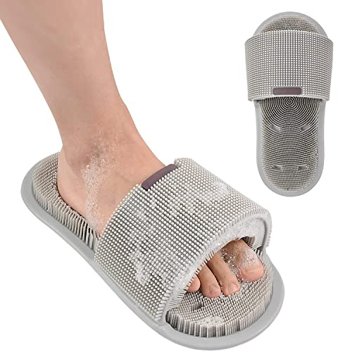 LAEMILIA Sandales Salle de Bain Brosse Pied Douche Chaussons Nettoyant Massagers Pantoufles Nettoyage en Silicone Antidérapantes Chaussures de Maison Masseur Confortable (Gris)