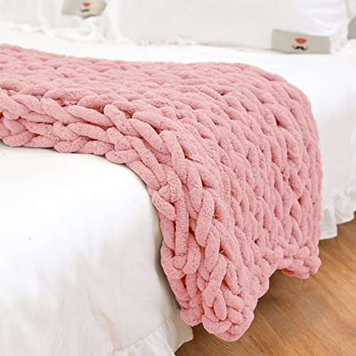 PRELGOSP Weicher Strickdecke, Handgefertigt Grob Gestrickte Kuscheldecke, Wolldecke Strick Haustier Bett Stuhl Sofa Yoga Matte Teppich,Rosa,80x80cm