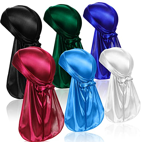 TSKNOMO 6 Pcs Seide Männer Durag, Pack Durags Do Rags mit langem Schwanz und breiten Riemen für Männer Frauen, 6 Farben