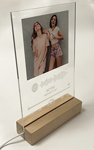 Oedim Placa Metacrilato Música Spotify Sin Código Personalizado + Base de Madera con Luz | Fabricado en Metacrilato 4mm | 12x19cm | Efecto Espejo | Base 12cm