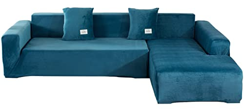 ele ELEOPTION Sofa Überwürfe elastische Stretch Sofa Bezug 2er Set 3 Sitzer für L Form Sofa inkl. 2 Stücke Kissenbezug (Pur Blau)