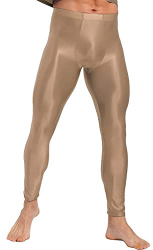 Freebily Herren Glänzend Leggings Öl Nylon Strumpfhosen Sportleggins Mit Bulge Pouch Figurformende Feinstrumpfhose Tights Kaffee_H XL