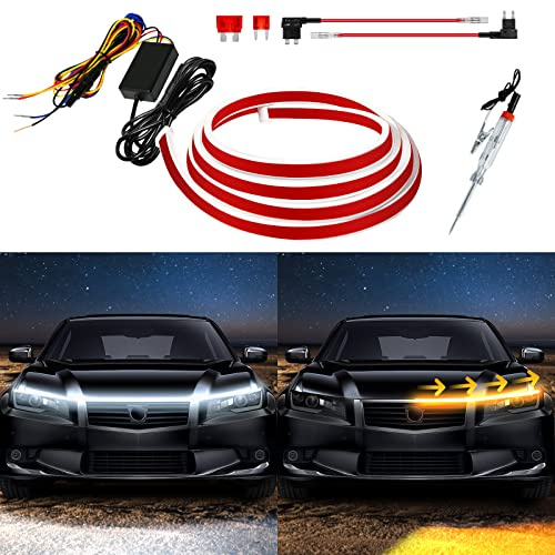 Tira de luz LED para el capó del coche, kit de haz de encendido dinámico de doble color, luces LED de circulación diurna blancas y ámbar, luces direccionales secuenciales para coches, camiones, SUV (1