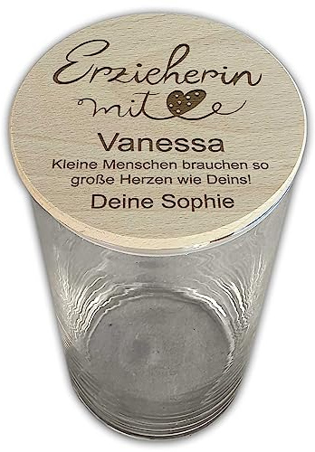 My Sweetheart® Abschiedsgeschenk Erzieherin Geschenk XL Glasbehälter mit Deckel Holz Gravur Dankeschön Geschenke für Erzieher Kindergarten (mit Namen personalisiert)