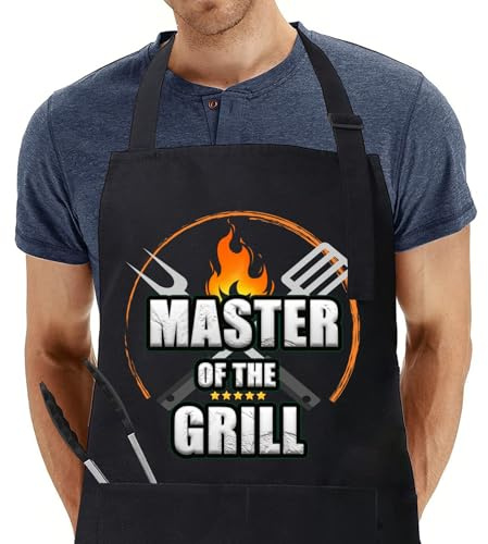 umboom Originales Delantal de Cocina para Hombres y Mujeres, Personalizado Regalo para Papá, Novio, Esposo, Hijo, Madre (DAD MASTER OF THE GRILL - Negros)